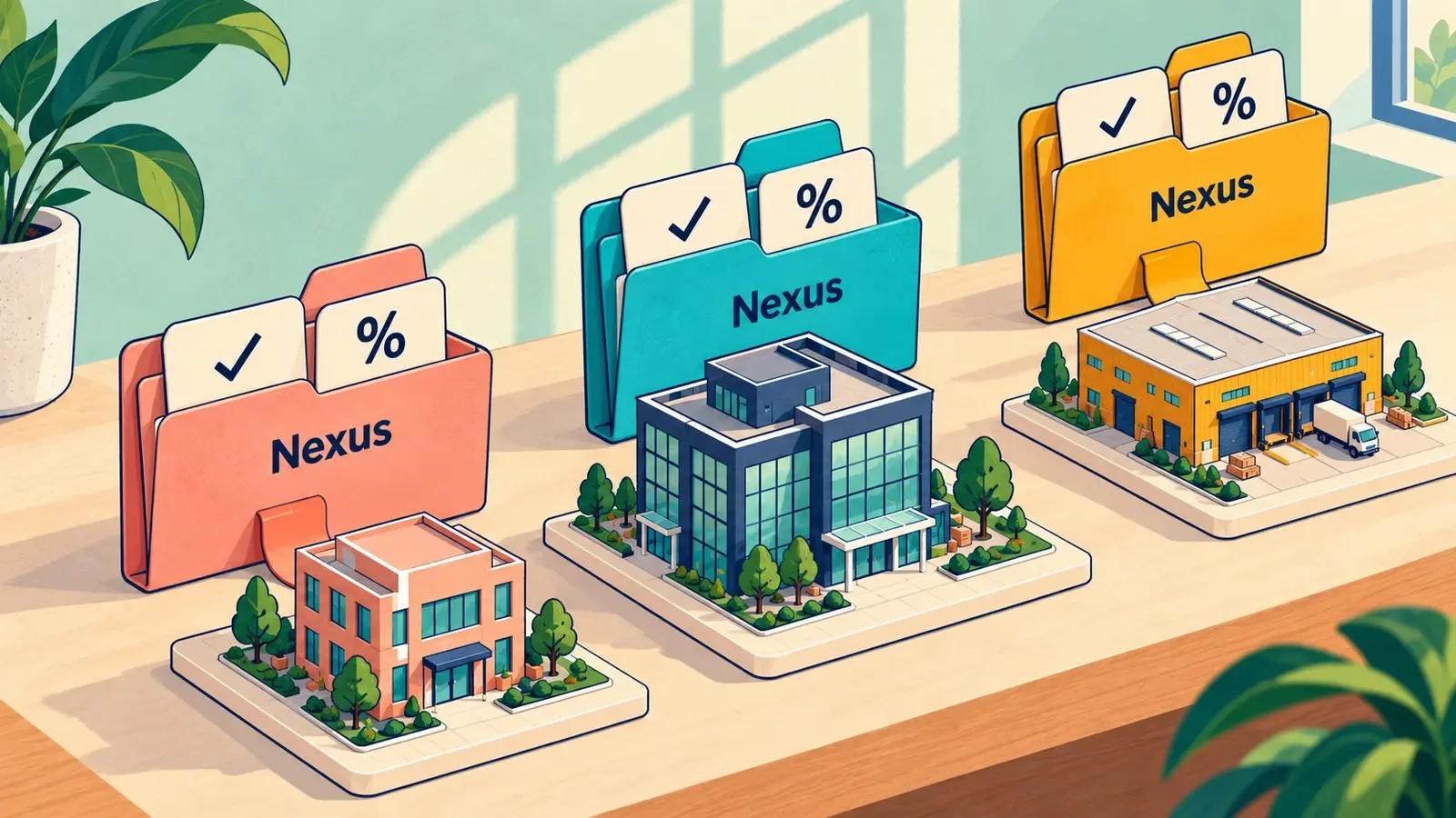 Three miniature business locations connect to color-matched nexus folders containing registration and tax-code documents.