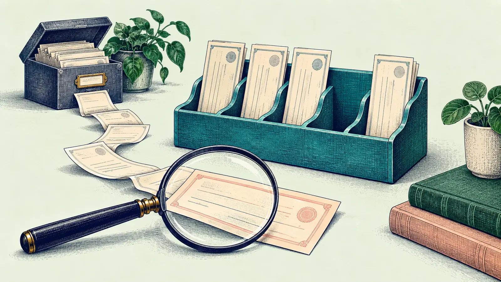 A magnifying glass follows a check stub and paper trail beside an organizer with a missing check slot.