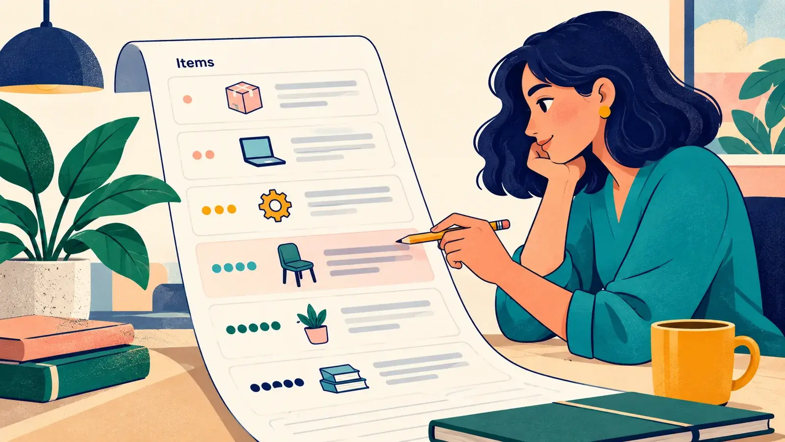 A colleague reviews clearly separated item rows with product icons and identification markers on a transaction sheet.