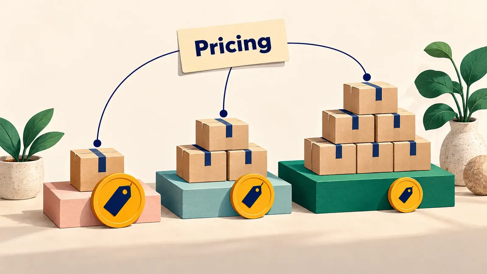 Product bundles sit beside distinct price tags connected to a pricing sign.