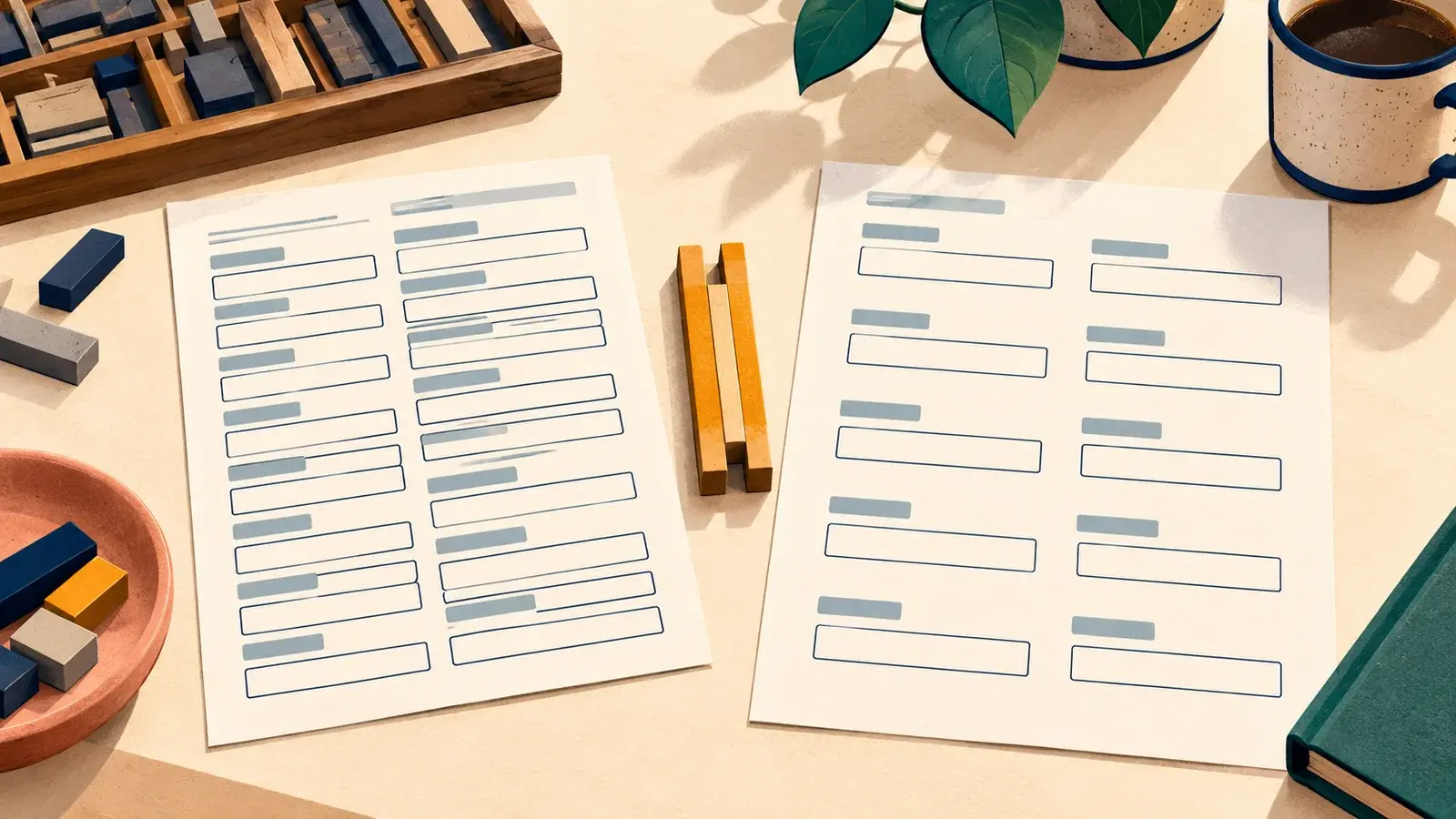 Two paper forms show crowded fields and the same fields with more space.