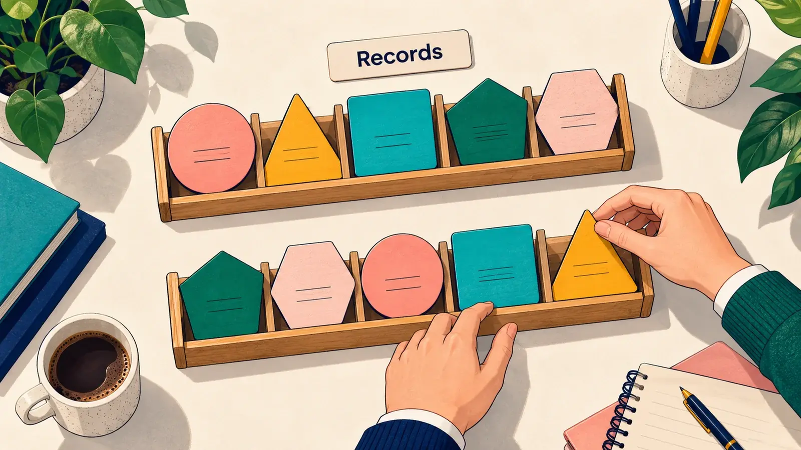 The same record cards appear in a reference order and a custom order.