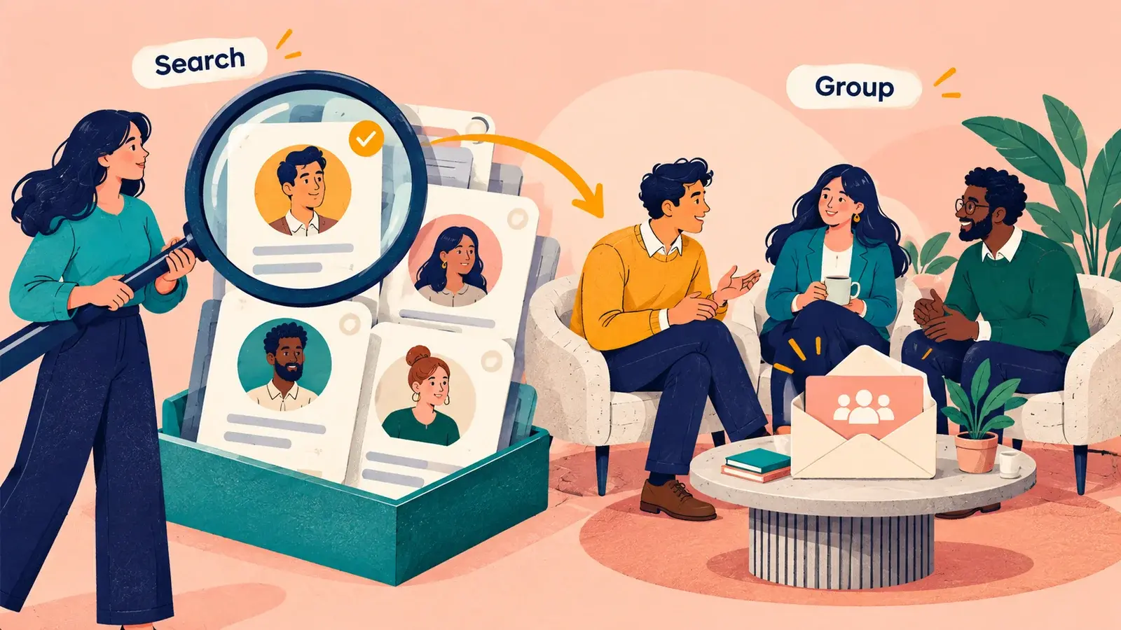 Selected identity records lead to a group of colleagues meeting around a table.