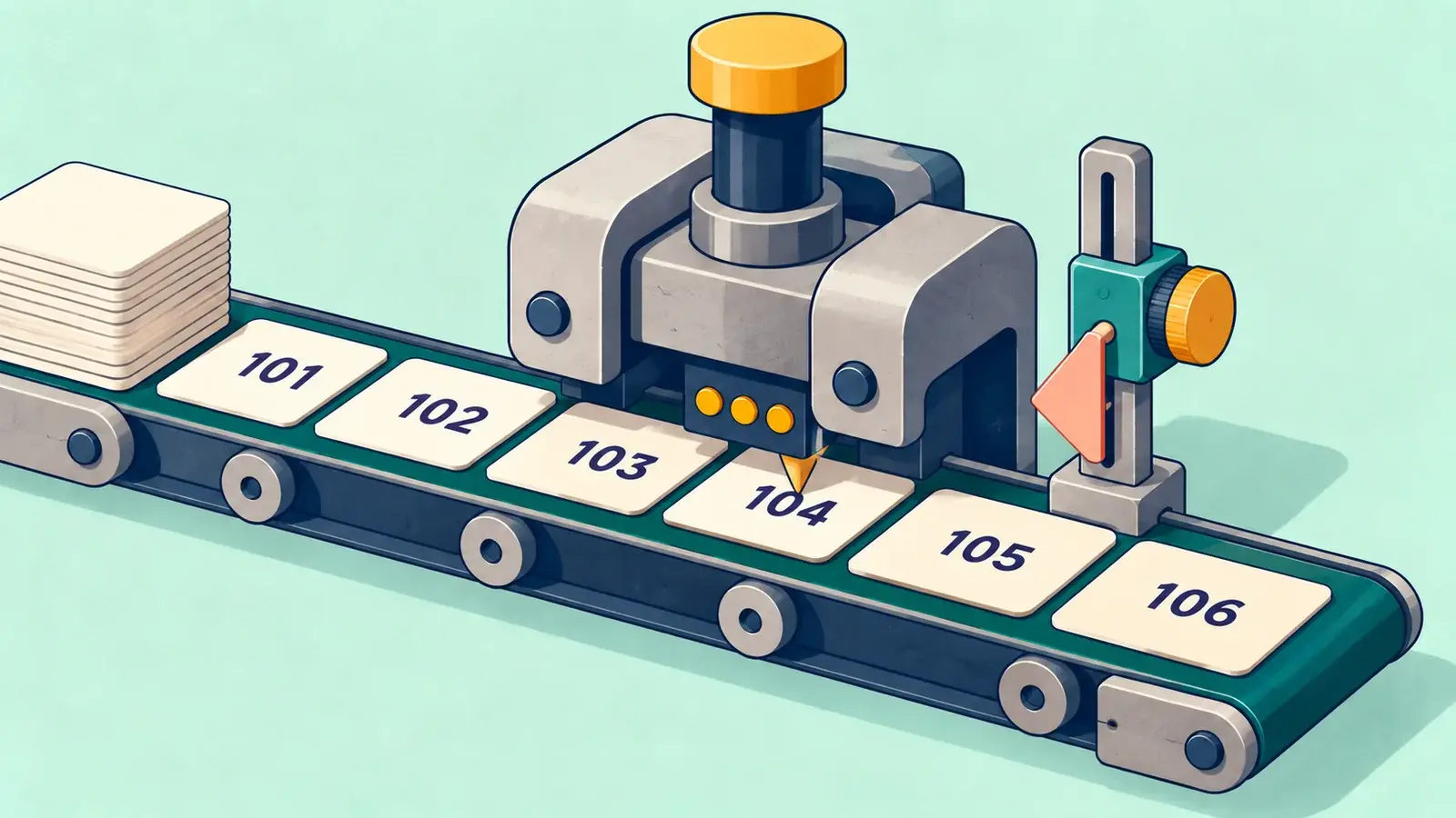 An automatic numbering press marks six transaction cards with sequential identifiers from 101 to 106.