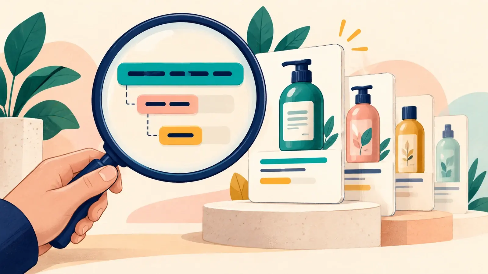 A magnifying glass highlights search criteria beside product cards in a catalogue.