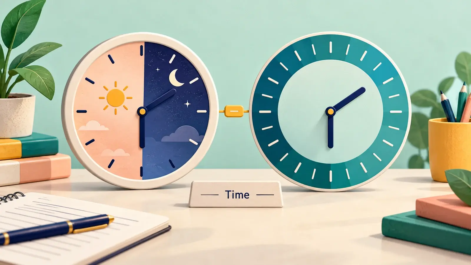 Two time-display conventions align to the same moment on different clock rings.