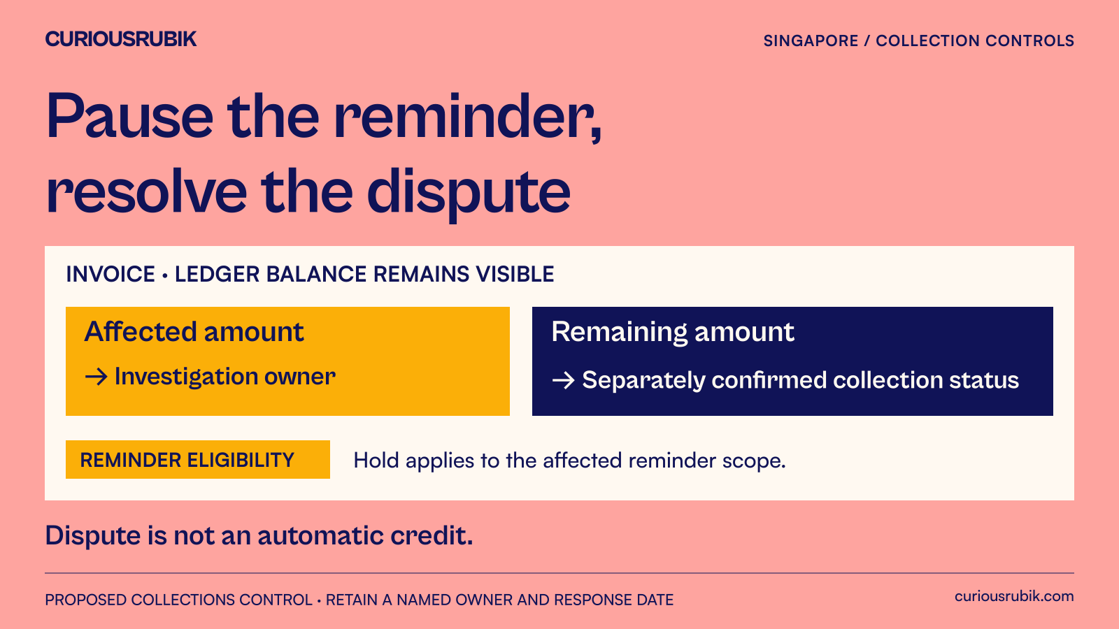 An invoice has a disputed portion routed to an investigation owner while the remaining balance has a separately reviewed reminder status.