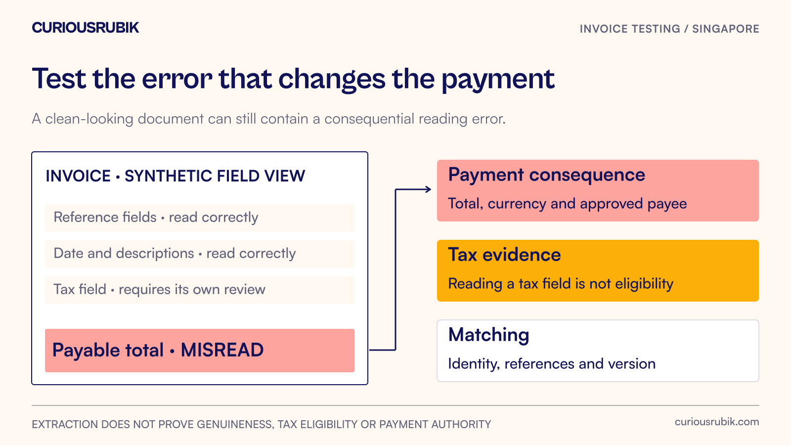 Invoice fields are grouped by payment, tax-evidence and reference consequences, with a material amount error highlighted despite other correct fields.