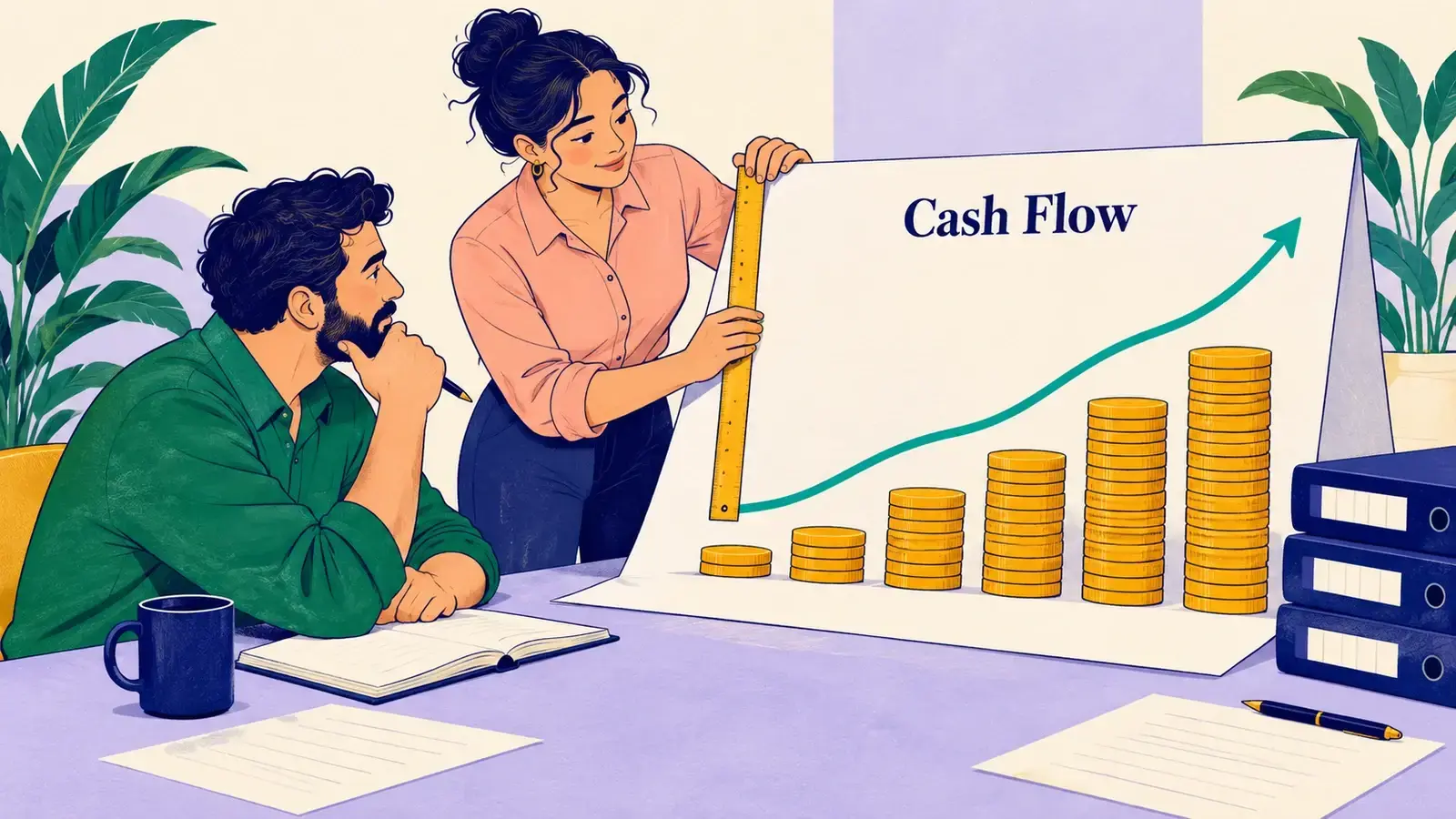 Finance analysts review a cash-flow forecast chart beside rising stacks of coins.