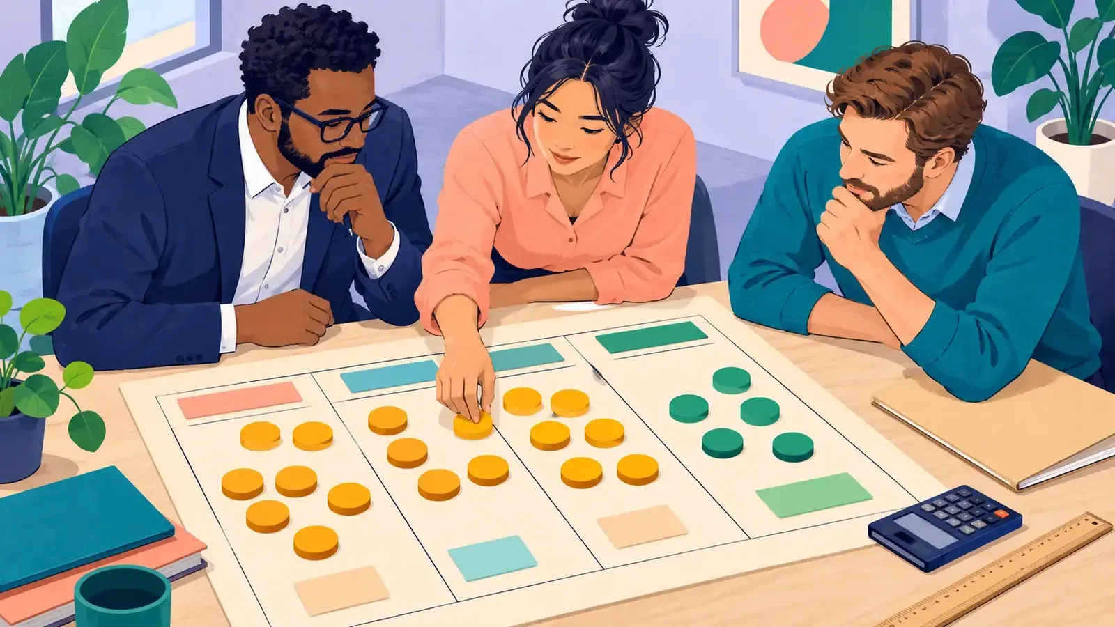 Consultants compare project effort tokens with a budget allocation on a large planning board.