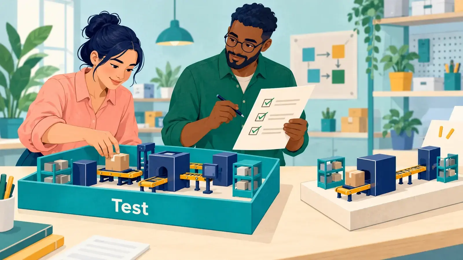 Two analysts test a model business workflow within a bounded workbench before moving it into production.