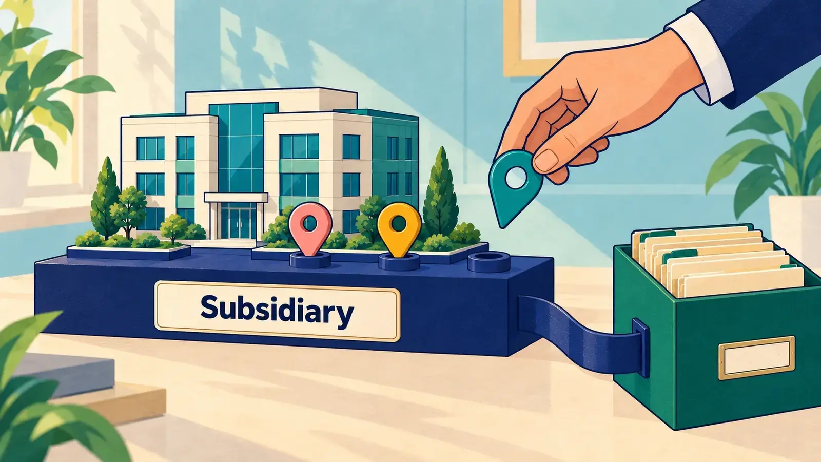 A subsidiary model carries detachable nexus badges while a separate linked transaction archive stays intact.