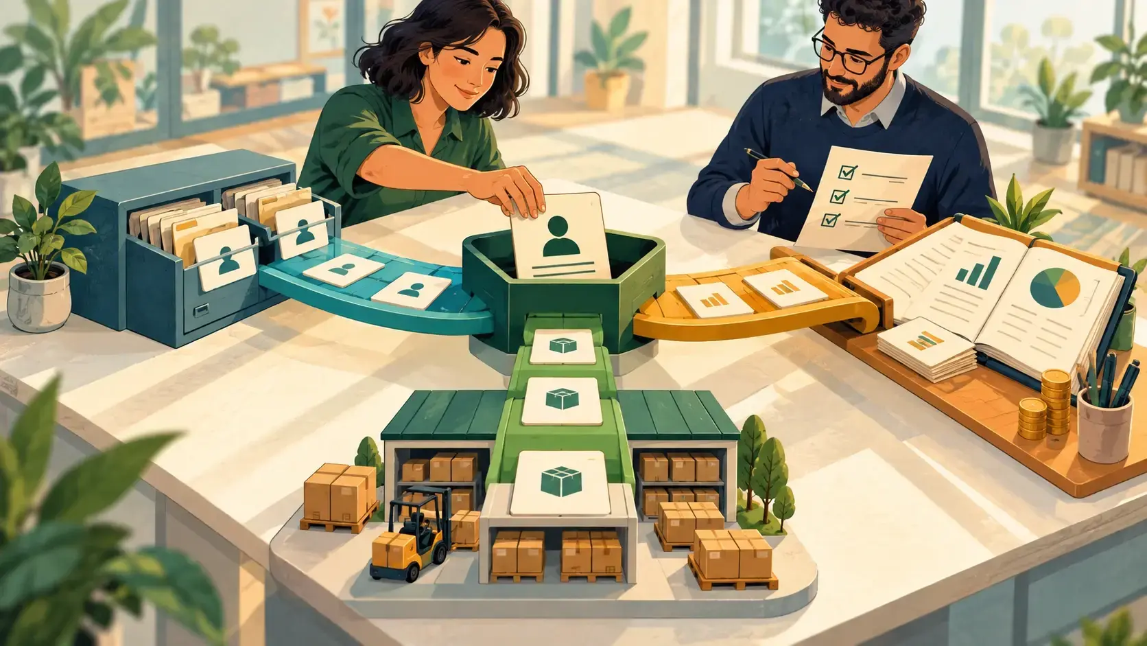 Two professionals coordinate customer records, a warehouse and a financial ledger through connected tabletop tracks.