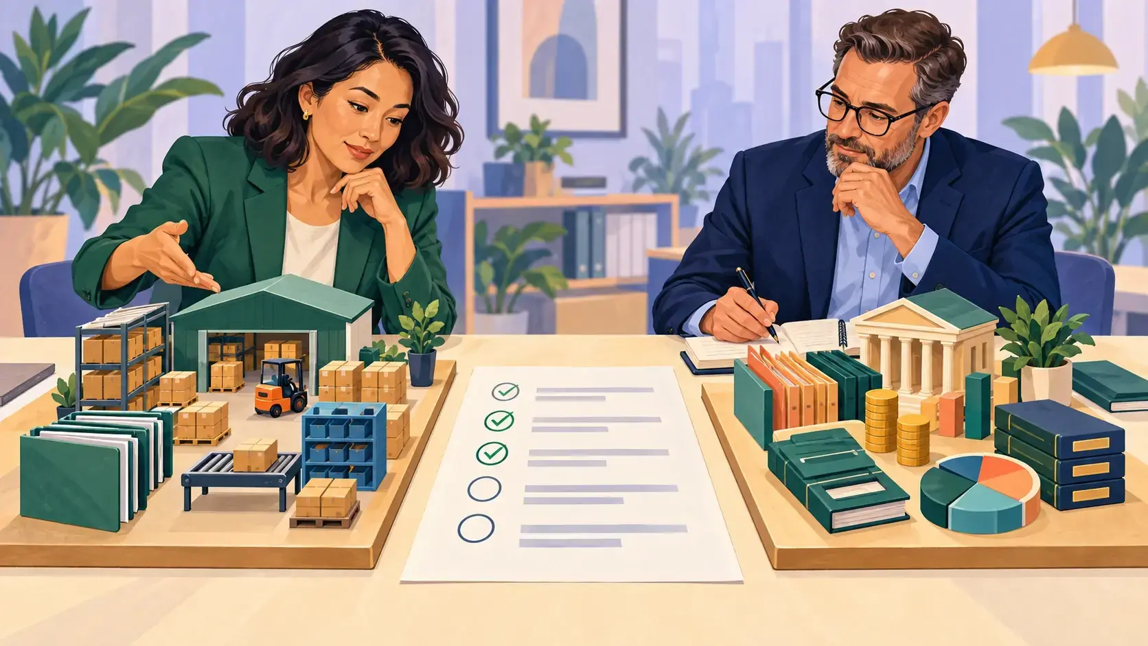 Finance and operations leaders compare two business-system arrangements against a shared requirements checklist.