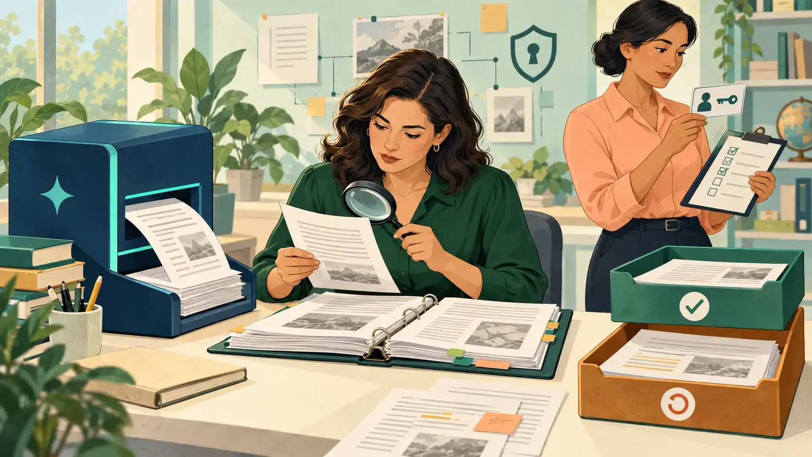 A reviewer checks an AI-assisted draft against source material while a colleague checks access and review controls.