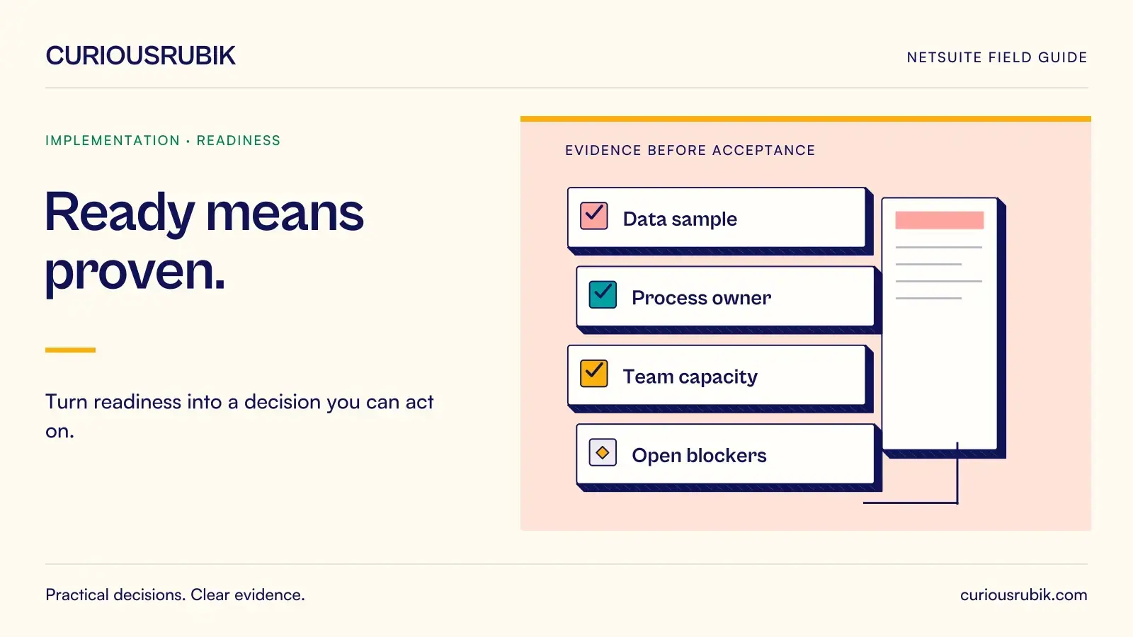 An evidence checklist and document stack cover Data sample, Process owner, Team capacity and Open blockers. CuriousRubik illustration for Ready means proven.