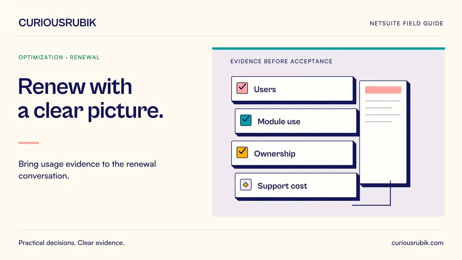 An evidence checklist and document stack cover Users, Module use, Ownership and Support cost. CuriousRubik illustration for Renew with a clear picture.