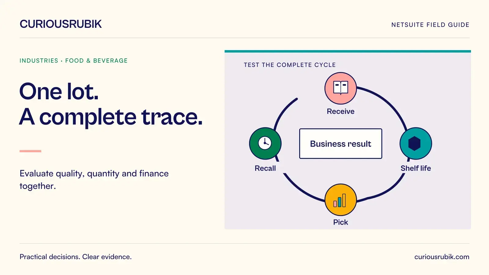A circular business-control sequence connects Receive, Shelf life, Pick and Recall. CuriousRubik illustration for One lot. A complete trace.