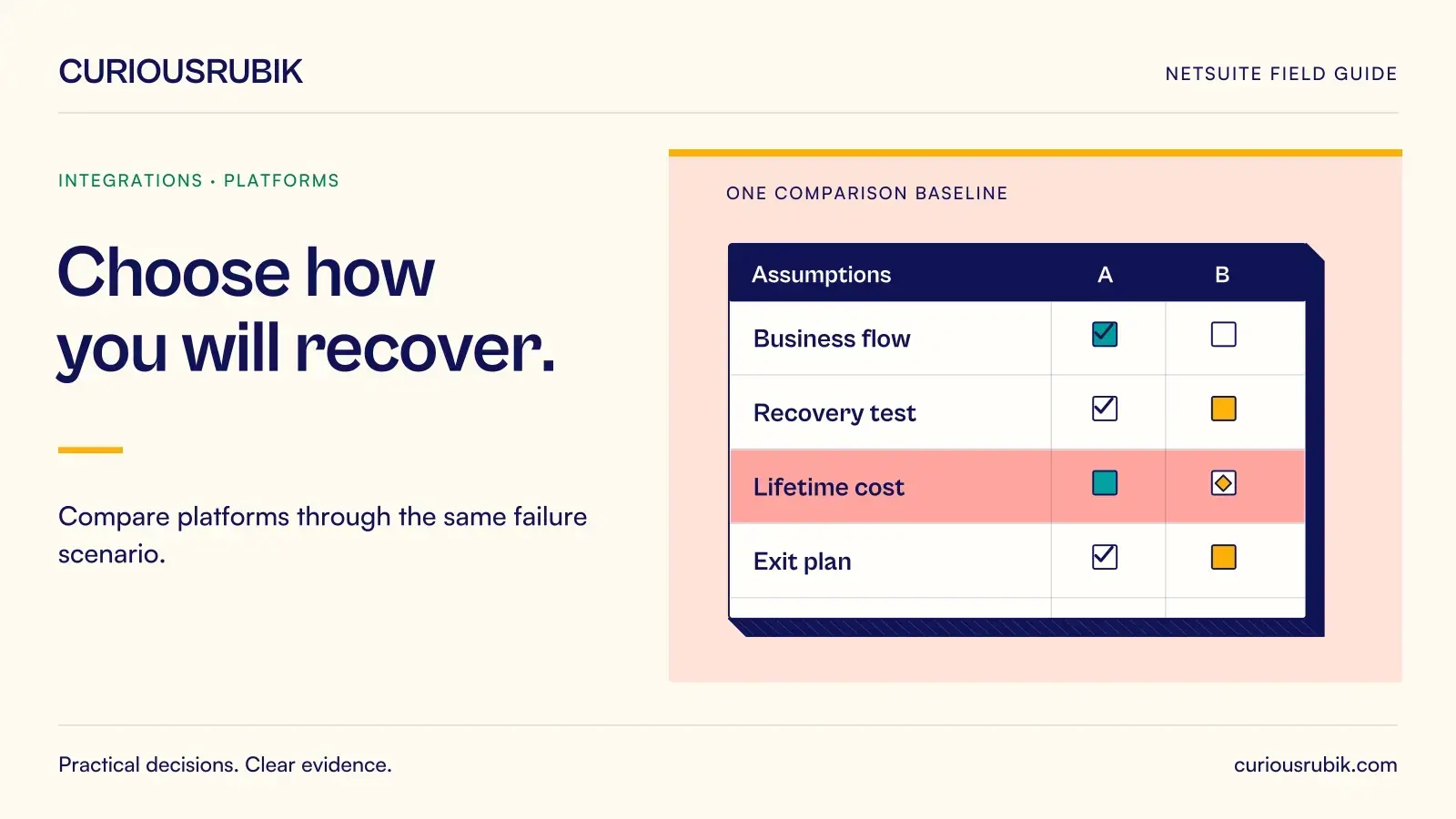 A two-column comparison register highlights assumptions across Business flow, Recovery test, Lifetime cost and Exit plan. CuriousRubik illustration for Choose how you will recover.