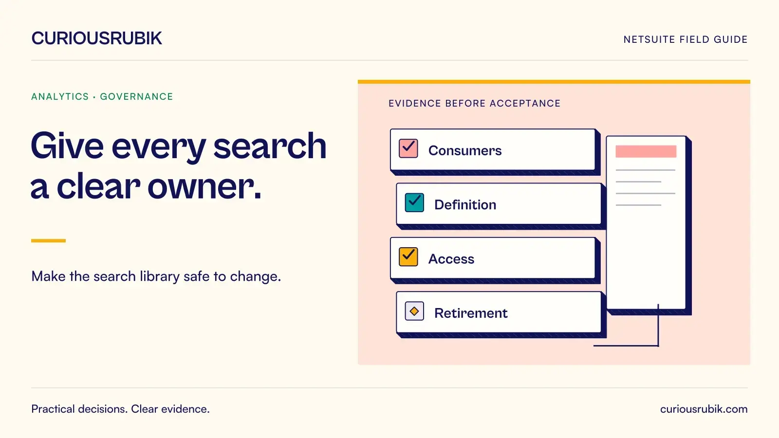 An evidence checklist and document stack cover Consumers, Definition, Access and Retirement. CuriousRubik illustration for Give every search a clear owner.