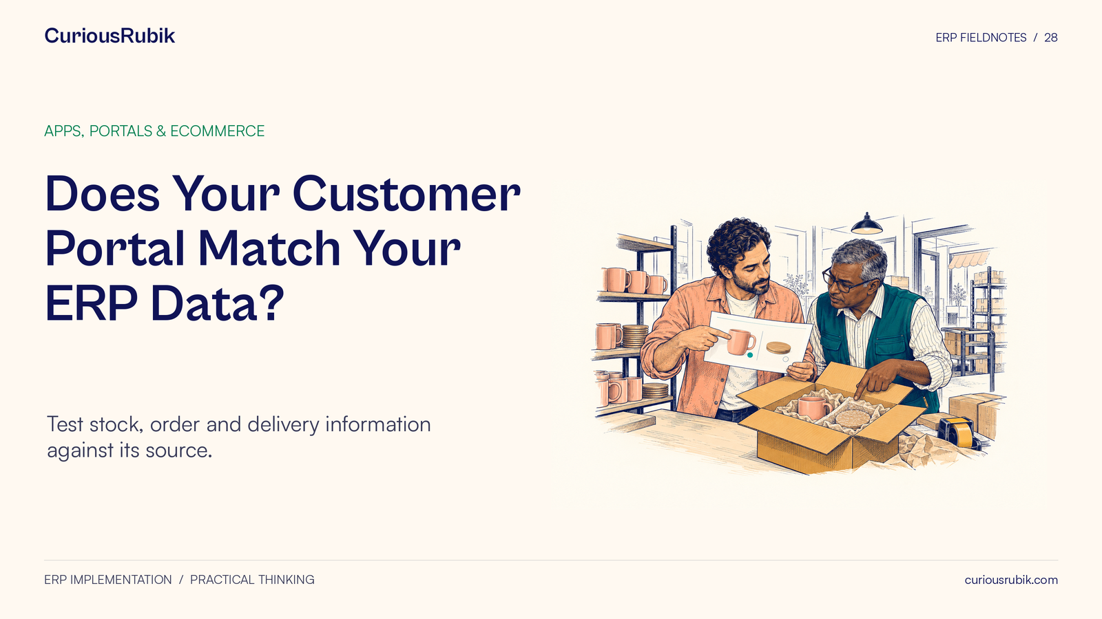 Two colleagues compare a product-page image with the items in a partially packed order.