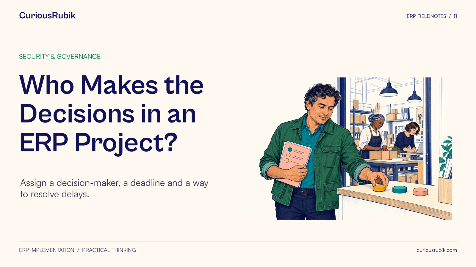 An operations owner selects one task token while colleagues work in the background.