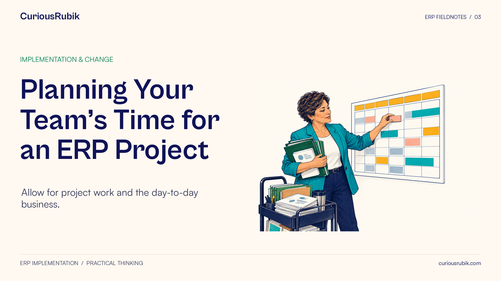 A project sponsor fits a task into a calendar while carrying folders of other responsibilities.