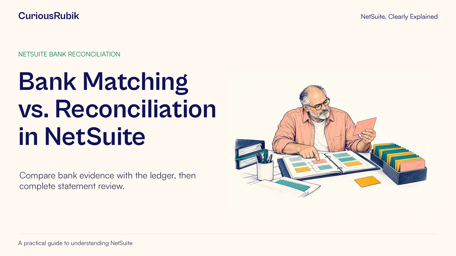 CuriousRubik poster: Bank Matching vs. Reconciliation in NetSuite. A reconciliation specialist investigates one unmatched record.