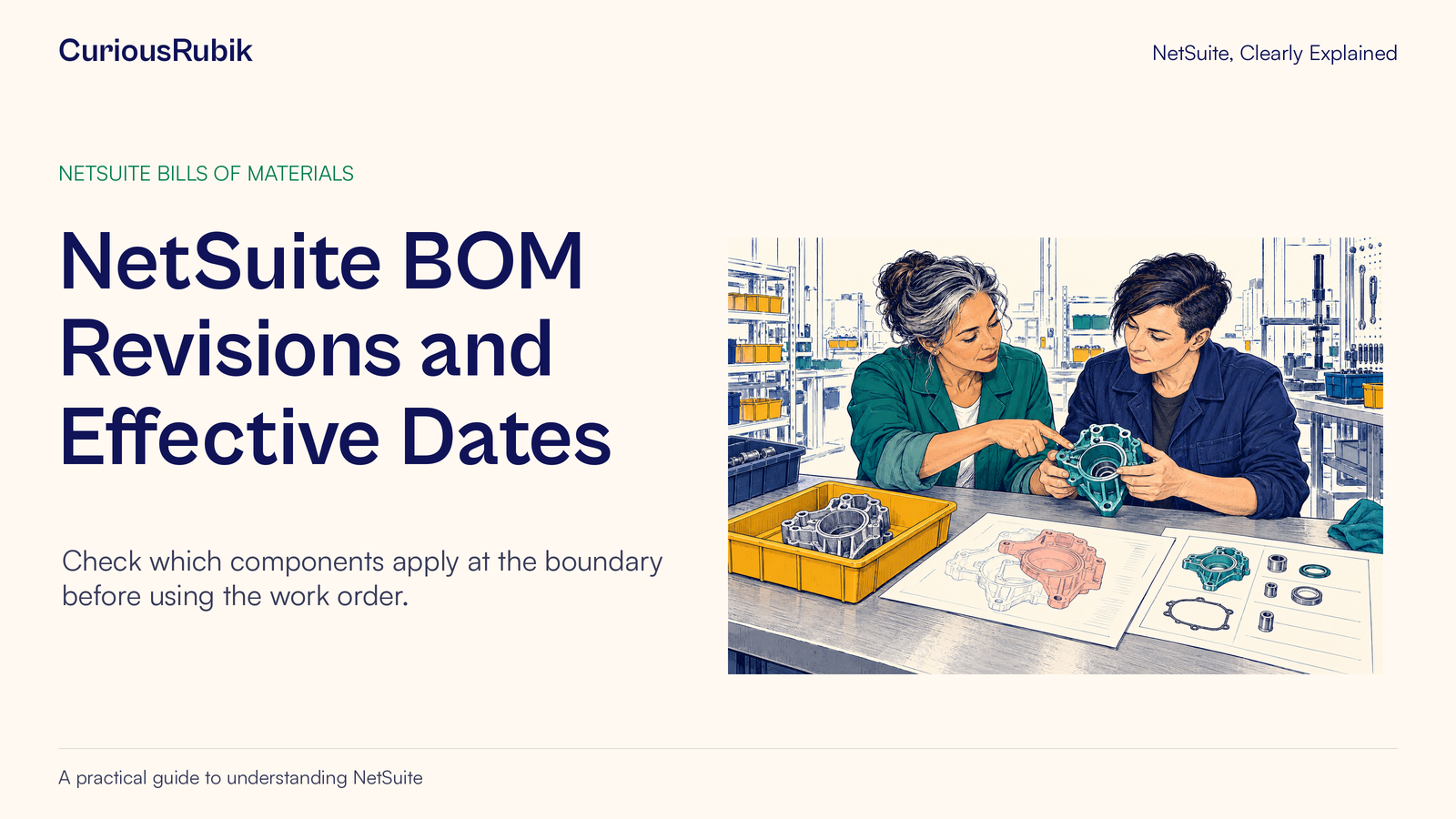 CuriousRubik poster: NetSuite BOM Revisions and Effective Dates. An engineer and an assembly colleague compare a component with its drawing.