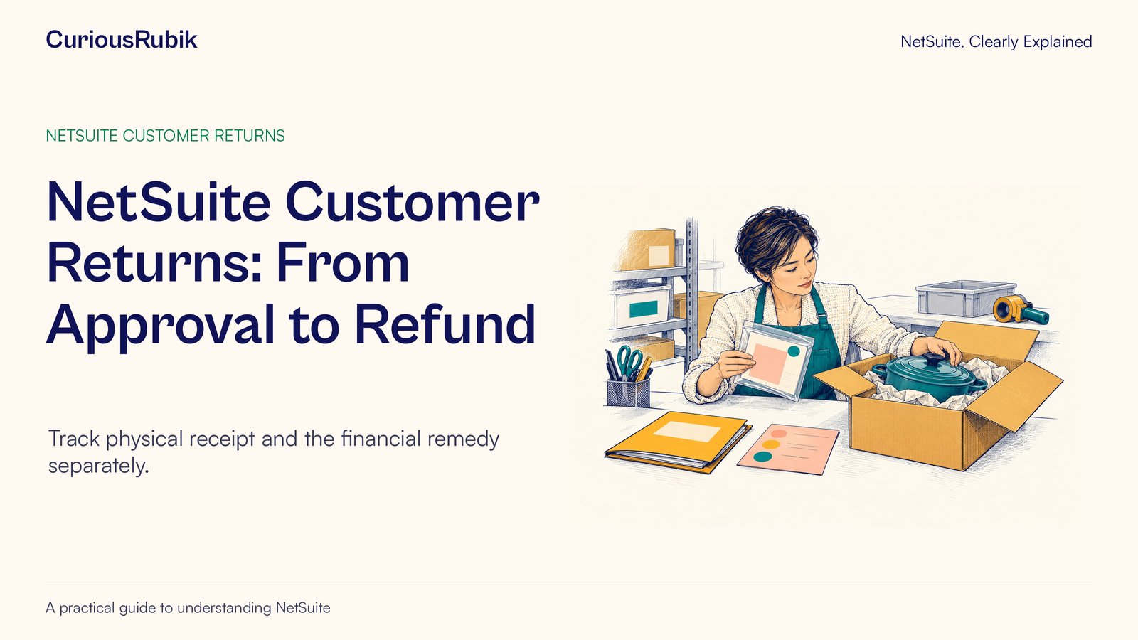 CuriousRubik poster: NetSuite Customer Returns: From Approval to Refund. A returns coordinator compares an item, its box and the related records.