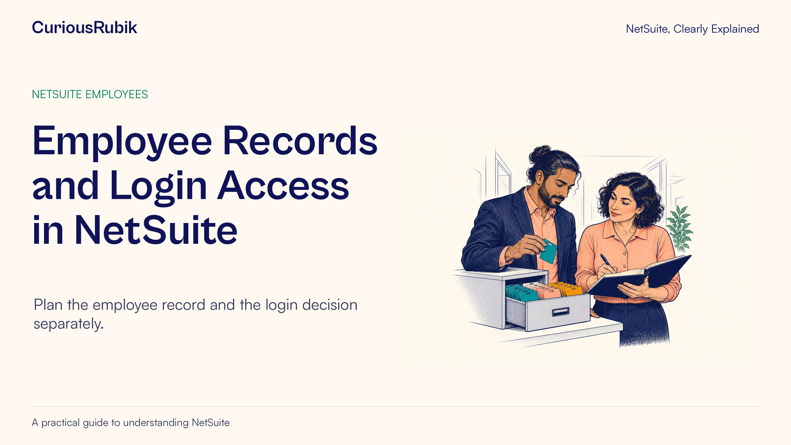 CuriousRubik poster: Employee Records and Login Access in NetSuite. Two colleagues review a specific access change together.