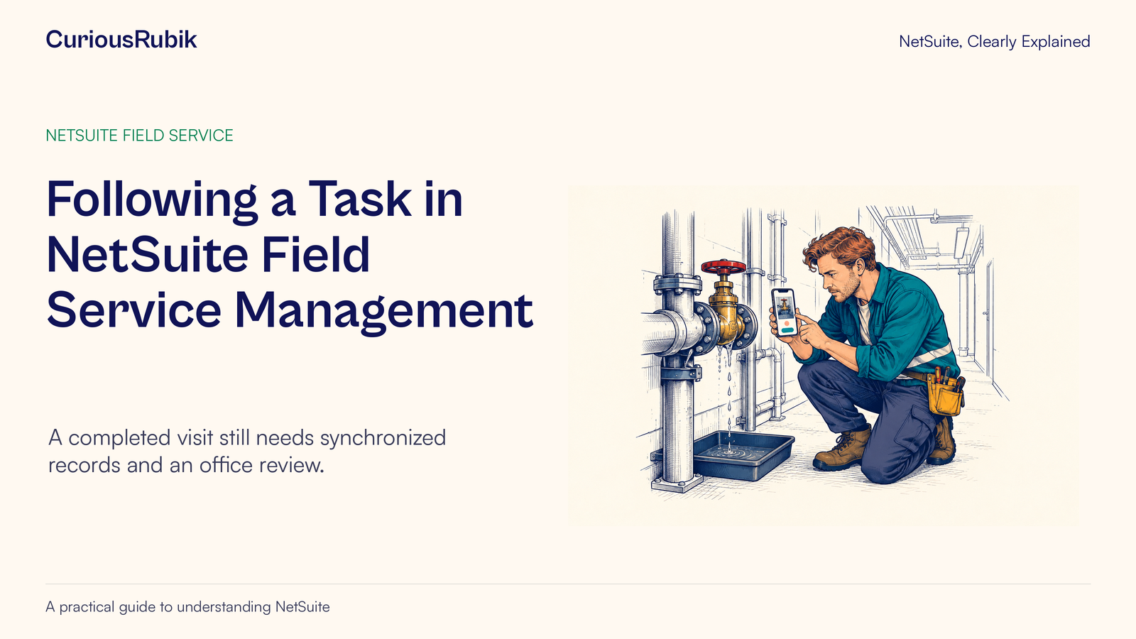 CuriousRubik poster: Following a Task in NetSuite Field Service Management. A field worker records information on a phone beside a valve.