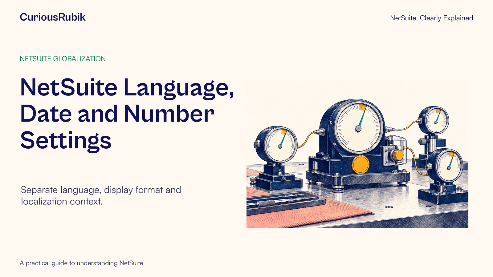 CuriousRubik poster: NetSuite Language, Date and Number Settings. Several linked gauges show the importance of understanding each display.