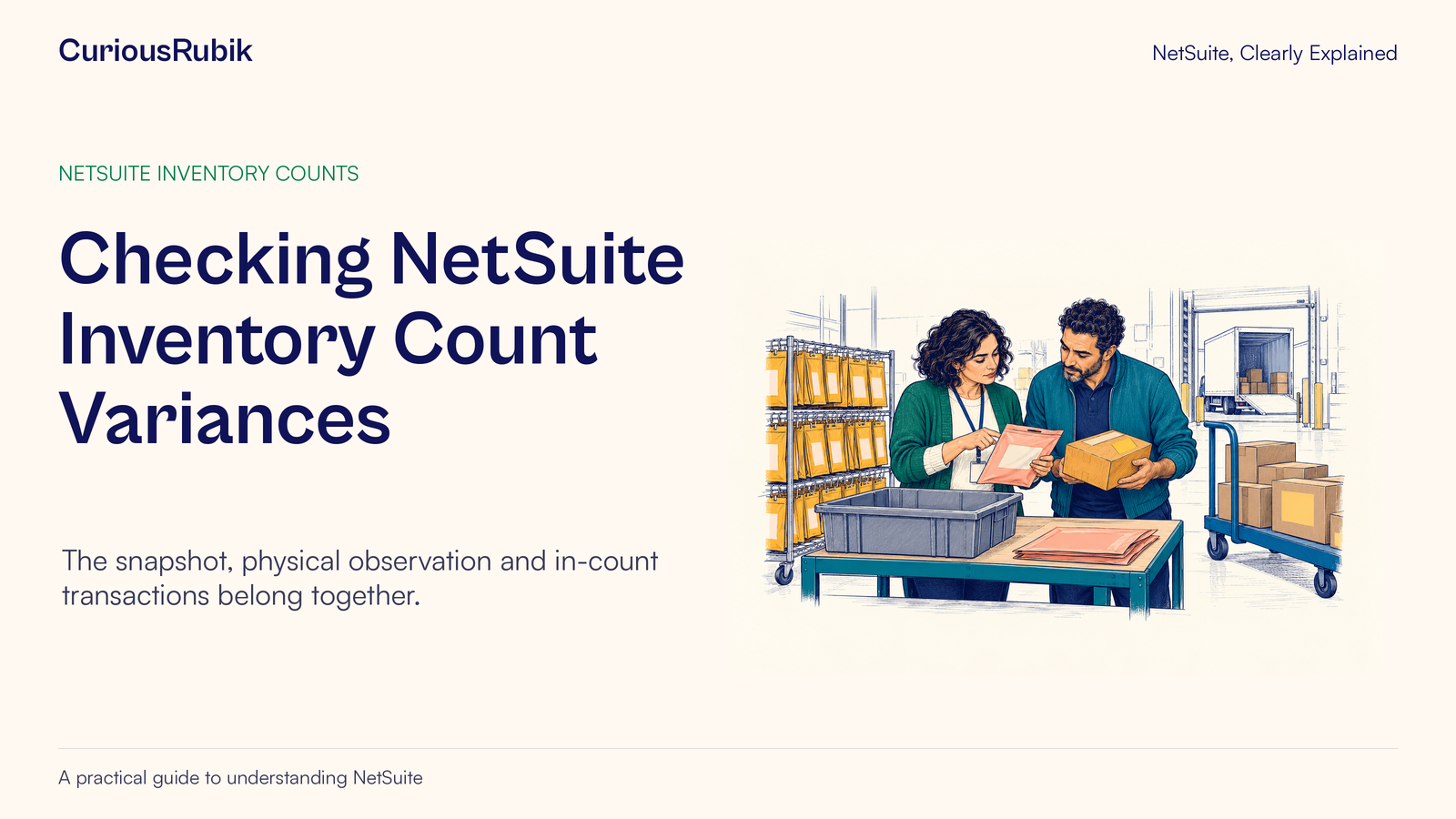 CuriousRubik poster: Checking NetSuite Inventory Count Variances. Two colleagues compare a parcel with records during a warehouse count.