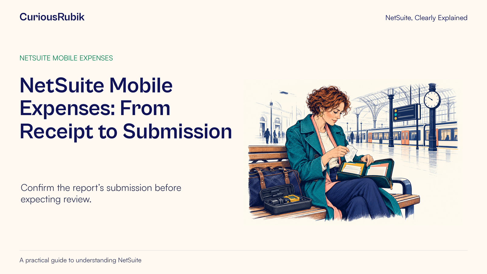 CuriousRubik poster: NetSuite Mobile Expenses: From Receipt to Submission. A traveler organizes a receipt while waiting at a station.
