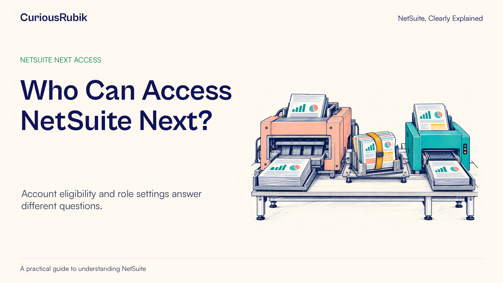 CuriousRubik poster: Who Can Access NetSuite Next. Two tabletop machines are compared with matching document bundles and a separate test case.