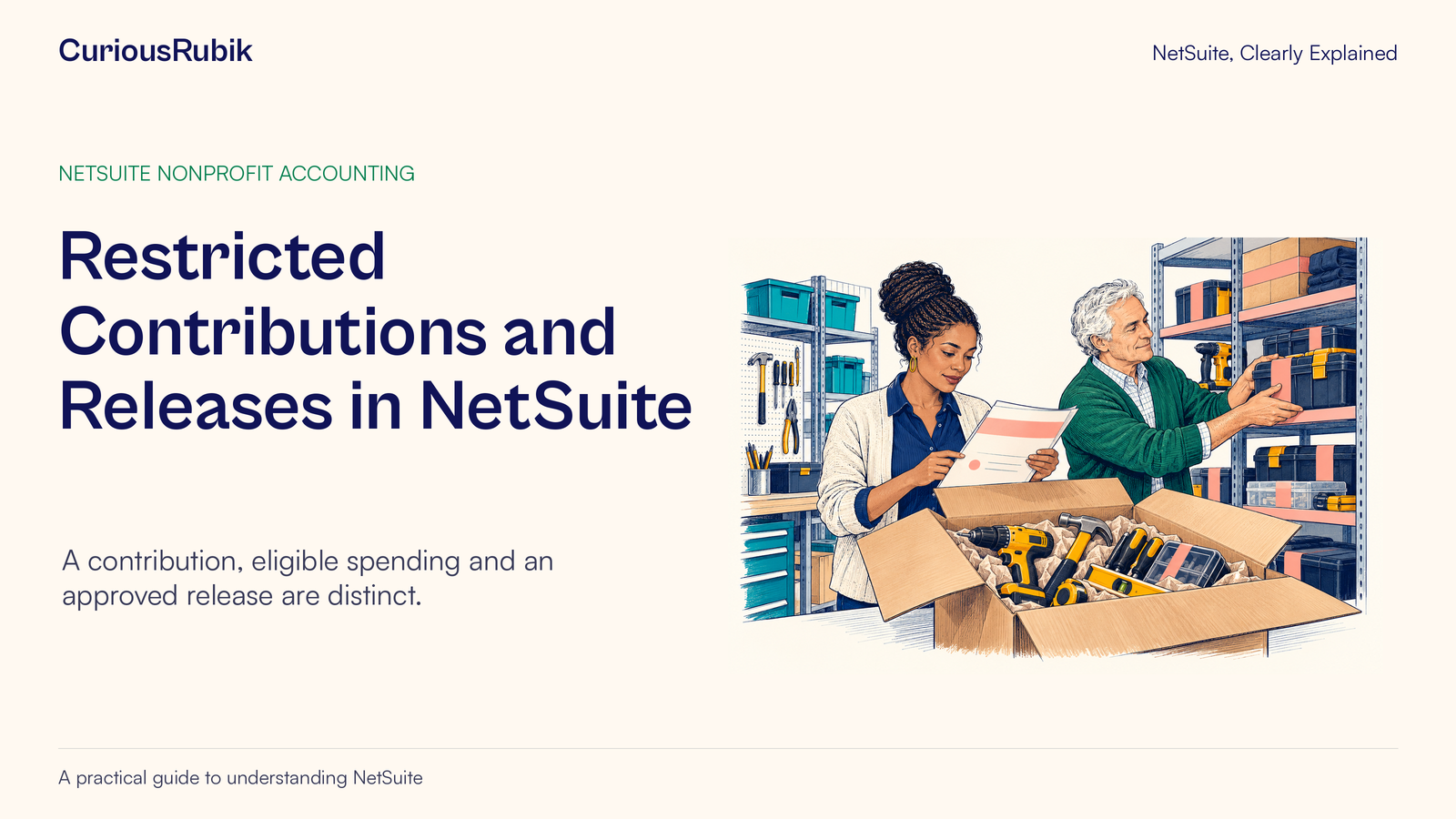 CuriousRubik poster: Restricted Contributions and Releases in NetSuite. Two colleagues compare a received tool purchase with its supporting record.