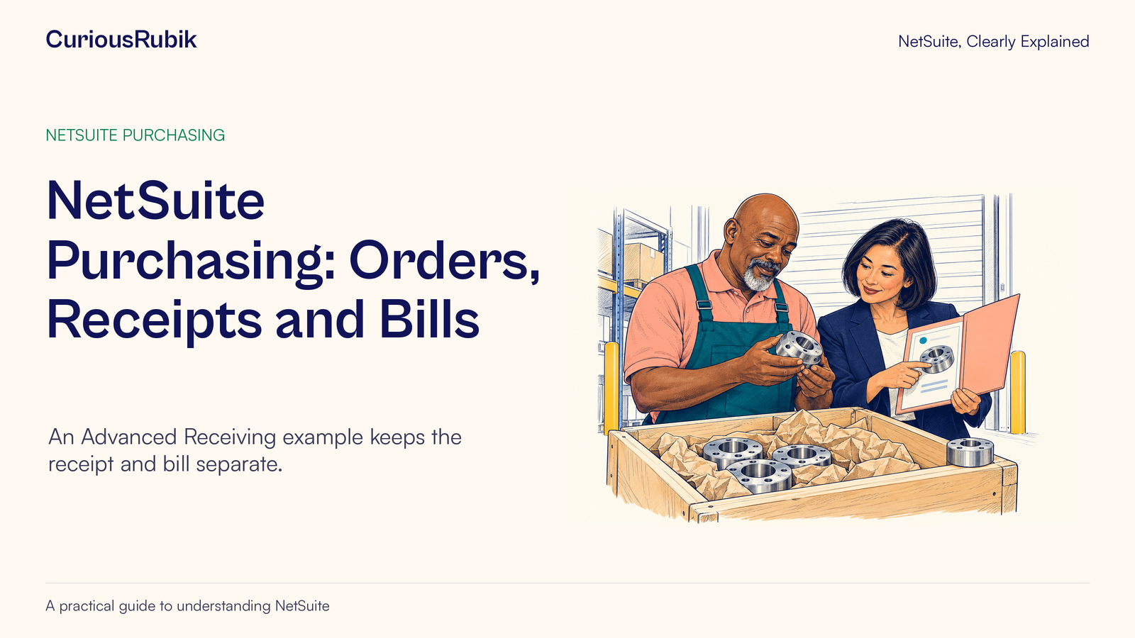 CuriousRubik poster: NetSuite Purchasing: Orders, Receipts and Bills. Two colleagues compare received components with a purchase record.