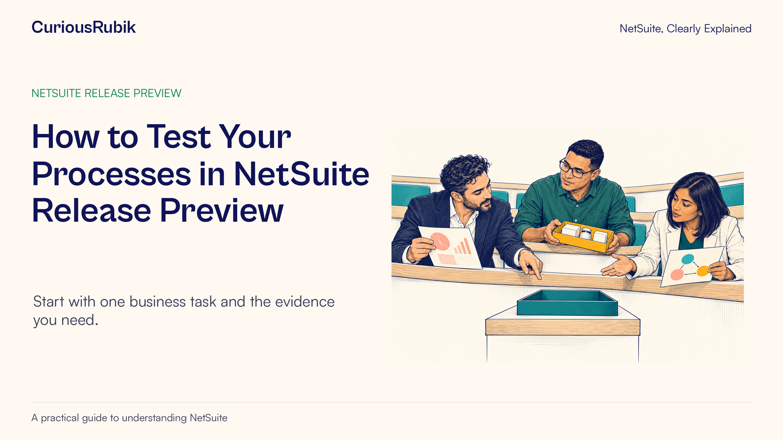 CuriousRubik poster: How to Test Your Processes in NetSuite Release Preview. Three colleagues compare documents and a sample tray before gathering their findings.
