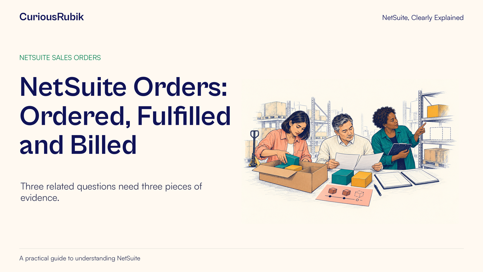CuriousRubik poster: NetSuite Orders: Ordered, Fulfilled and Billed. Three colleagues check a warehouse shipment against its records.