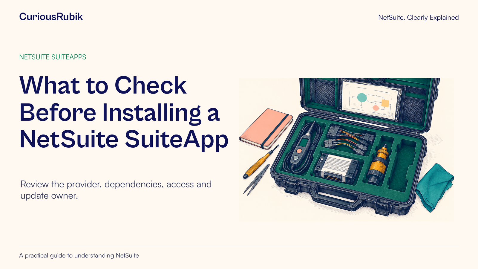 CuriousRubik poster: What to Check Before Installing a NetSuite SuiteApp. A maintenance kit contains several tools and an empty fitted space.