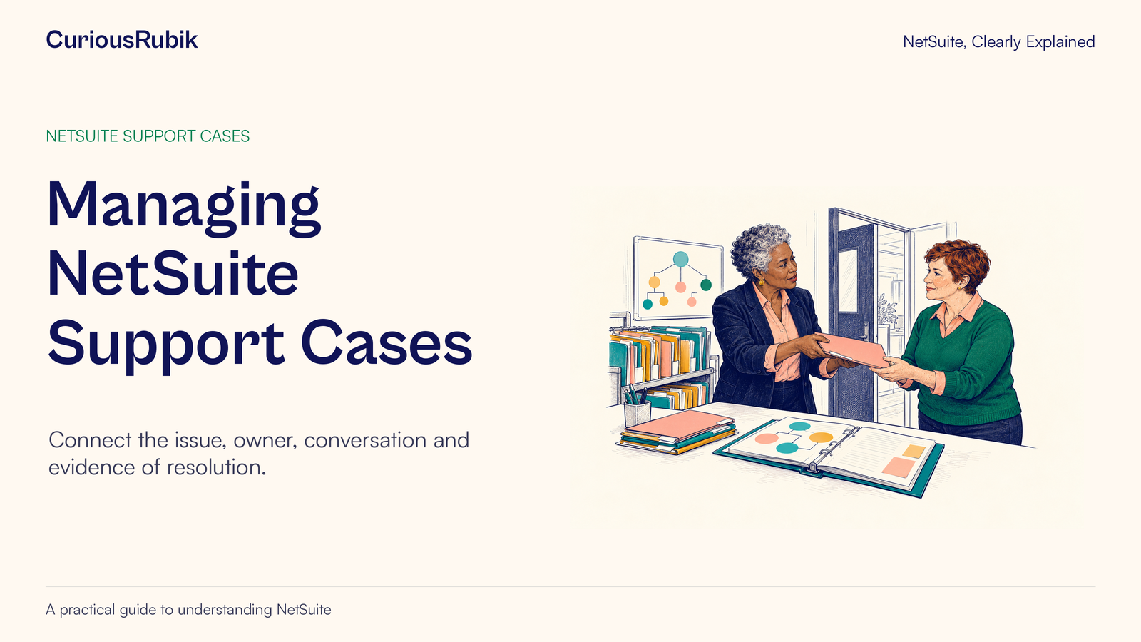 CuriousRubik poster: Managing NetSuite Support Cases. Support colleagues hand over a case folder beside shared records.
