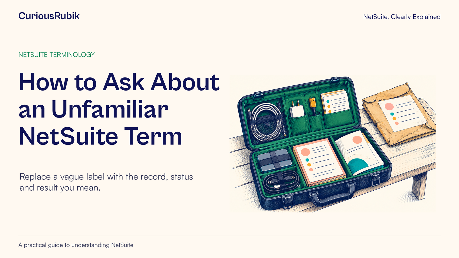 CuriousRubik poster: How to Ask About an Unfamiliar NetSuite Term. A support kit pairs practical tools with clear written instructions.