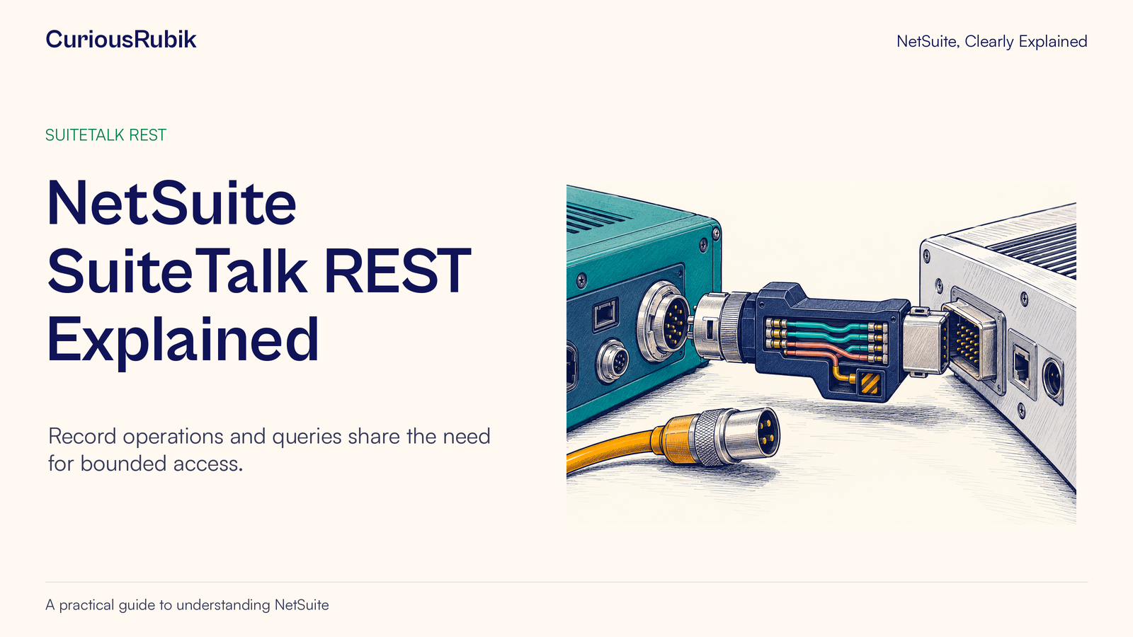 CuriousRubik poster: NetSuite SuiteTalk REST Explained. A fitted adapter connects two devices while a different cable remains separate.